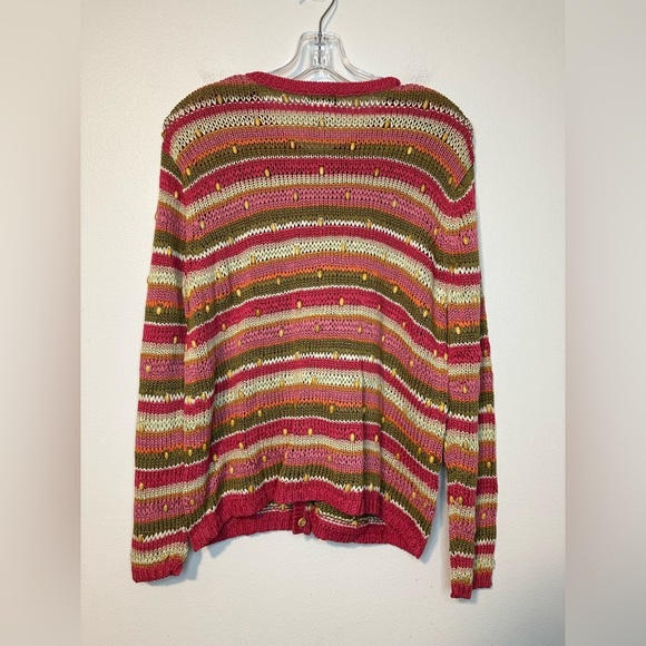 Talbots Striped Cardigan Sweater Knit Wood Beads Cottagecore Boho Y2K Sz Medium - Picture 4 of 5